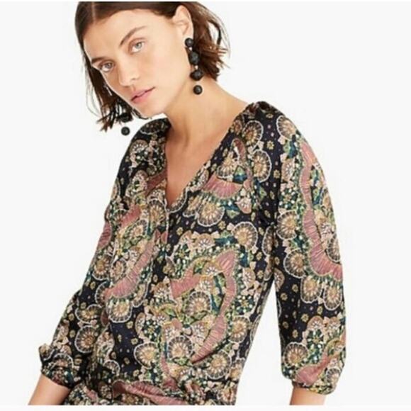 Point Sur J. Crew | Satin Crepe Paisley Floral Wrap Blouse Top V-neck Navy Large - Picture 2 of 8